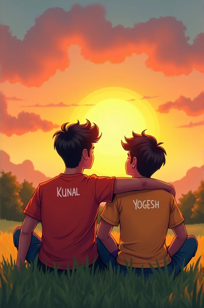 2 friends siting on the grass enjoying the view of sunset, one boy name "kunal" written on the shirt and his hand is my shoulder another boy name "YOGESH" written on the t shirt 2d cartoon behind the cartoon best friend
