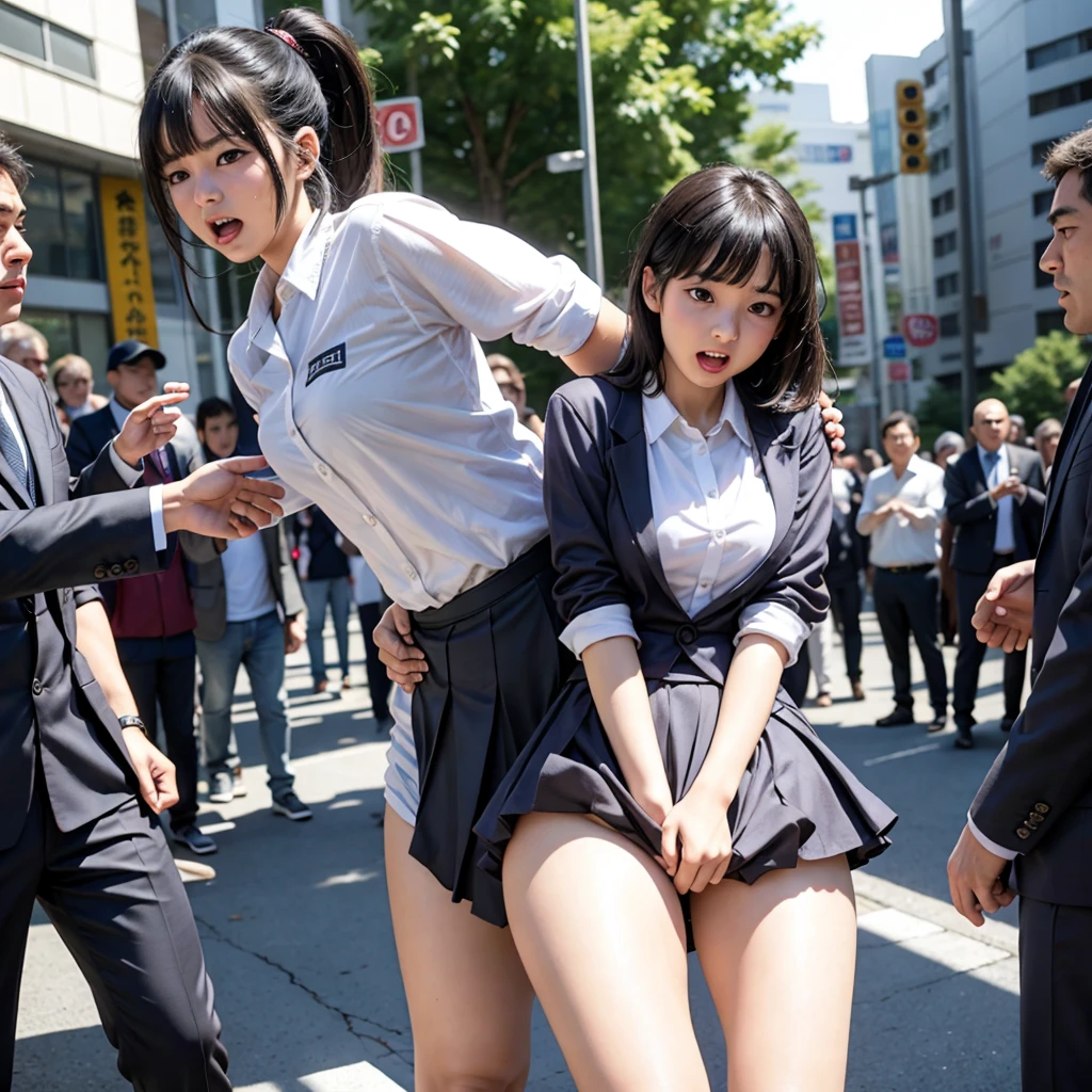 Beautiful and innocent high school girls and perverted men, Molested by perverted men lying in wait, A beautiful, youthful figure like an idol, She screams with her mouth open in shame at being seen molesting in public, Begging the audience for help, Being entangled by perverted men on the street, Beautiful black hair, Increased sensitivity, Beautiful Eyes, Ultra high definition, Leaning on the ground with your legs together and your hips collapsing, Slender body, Japanese, Anatomically correct