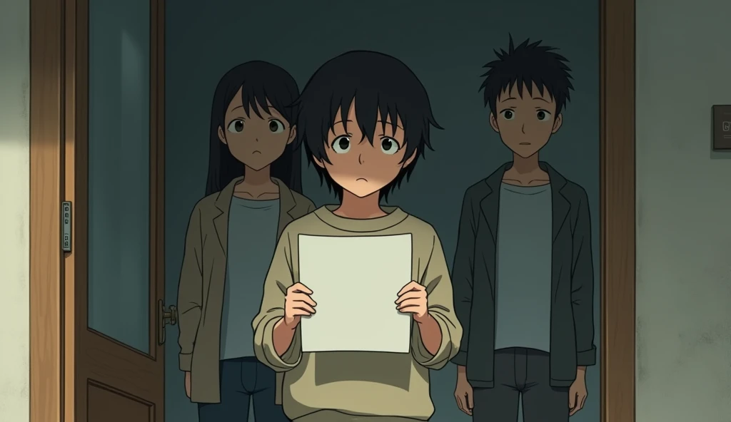 Create a melancholic scene in the Studio Ghibli style. Imagine the middle sibling holding a loan document, away from the rest of the family. The atmosphere should convey a sense of quiet determination and isolation, with the brother staring at the paper while the environment around him seems heavy with financial burdens. The parents stand in the background, appearing indifferent or concerned, while the lighting is soft, with soft shadows highlighting the emotional weight of the situation.studio ghibli art style.studio ghibli art style.studio ghibli art style.studio ghibli art style
