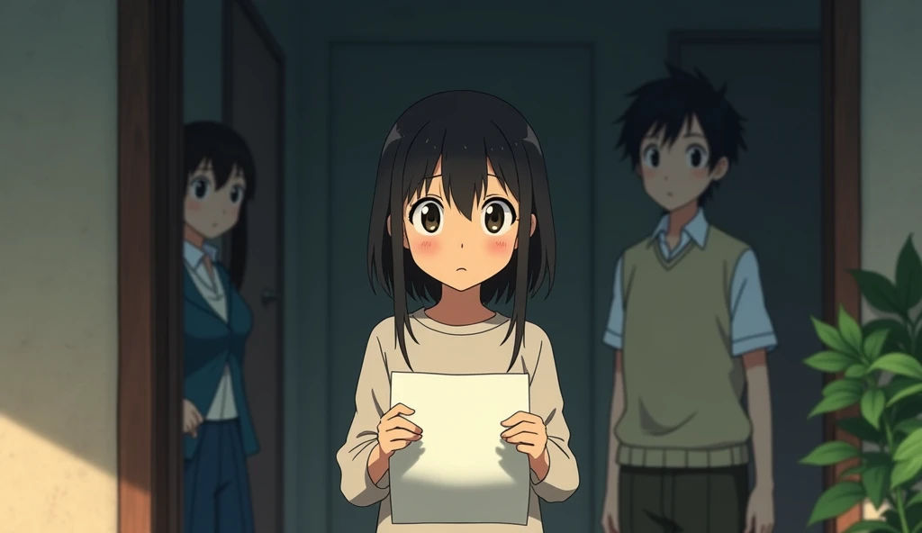 Create a melancholic scene in the Studio Ghibli style. Imagine the middle sibling holding a loan document, away from the rest of the family. The atmosphere should convey a sense of quiet determination and isolation, with the brother staring at the paper while the environment around him seems heavy with financial burdens. The parents stand in the background, appearing indifferent or concerned, while the lighting is soft, with soft shadows highlighting the emotional weight of the situation.studio ghibli art style.studio ghibli art style.studio ghibli art style.studio ghibli art style