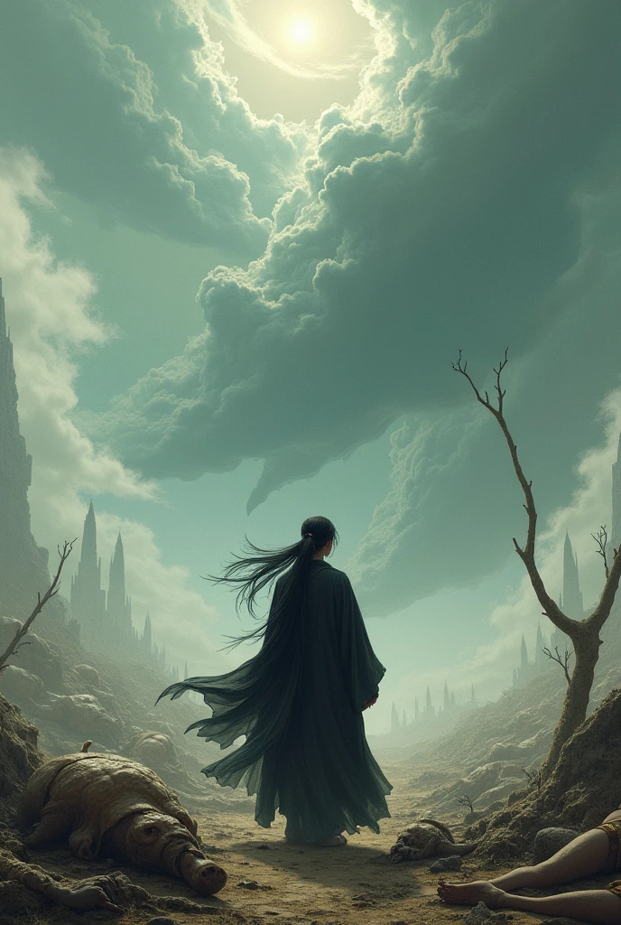 A young man with long hair on his back, tied with a tail and practices the path of the Dao in appropriate black clothing, while in the distance you can see a battlefield with dead species of elves, dragons, giants among others while the sky collapses. Make it lively and bizarre