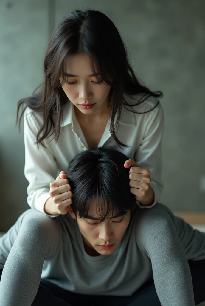 A Korean woman wearing a white shirt and grey leggings、Sitting on a lying man clenching his fists。Korean Girl Idol。, The texture of the grey leggings must be clearly visible.。