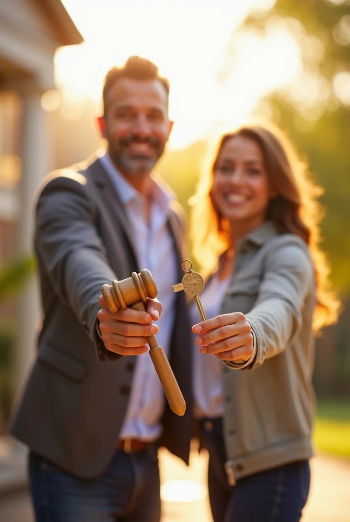 A happy couple holding a key to their new house in one hand and a gavel in the other hand 