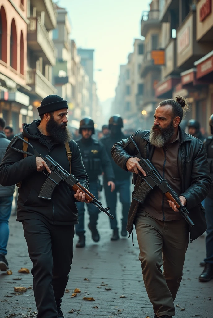 Two Bearded Men Walking on the Street with Kalashnikovs Shoot the Police and Step on the Turkish Flag in Turkey