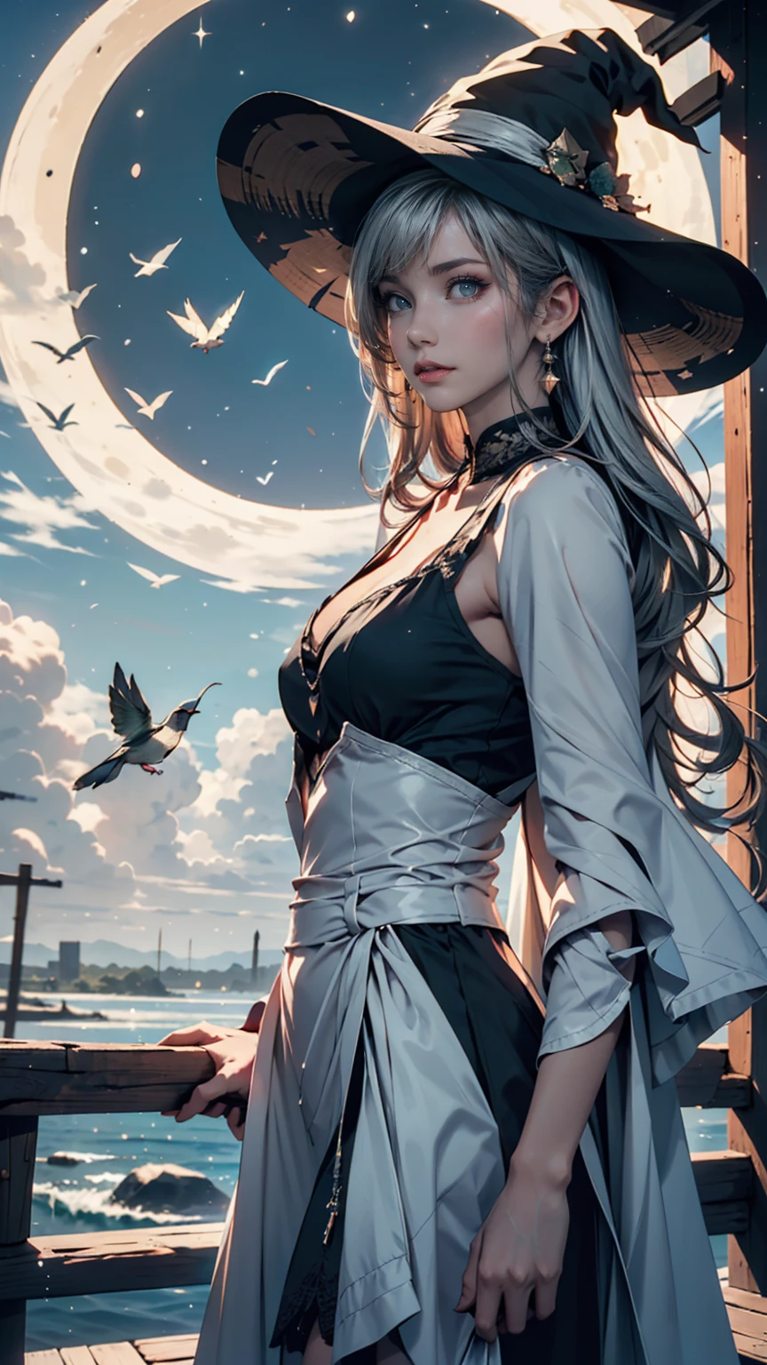Highest quality, Very detailed, masterpiece, Very detailed, cloud, witch_Have, Have, One person, null, green_null,Day, length_hair, cloudy_null, moon,bird, alone, Silver_hair, witch, Outdoor 