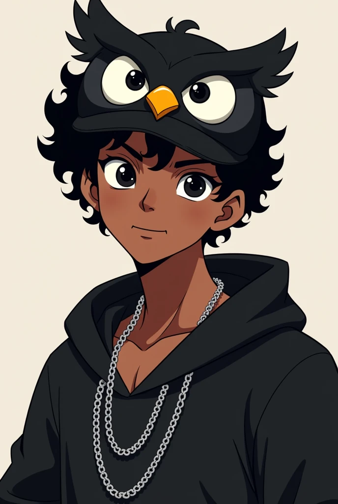 Make a male character with dark SKIN, but not so dark, of curly and black hair, with black eyes, with a slight smile on your face, an owl hat on his head, a black outfit with a silver chain around the neck, do this in the style of the logo for the YouTuber, but make the character masculine and not effeminate and the Character has to be straight towards the screen