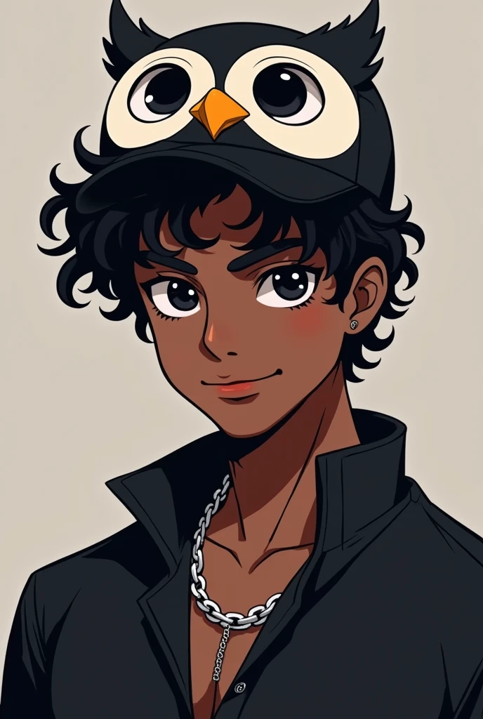 Make a male character with dark SKIN, but not so dark, of curly and black hair, with black eyes, with a slight smile on your face, an owl hat on his head, a black outfit with a silver chain around the neck, do this in the style of the logo for the YouTuber, but make the character masculine and not effeminate and the Character has to be straight towards the screen