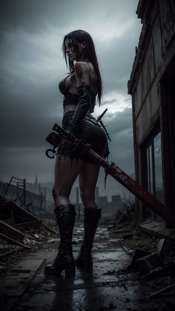 An intense and chaotic dark art scene with a grotesque figure wielding a massive, blood-stained hammer. The figure is partially shrouded in shadows, standing amidst a desolate, gothic landscape with twisted architecture. The atmosphere is foreboding, with deep red and black tones dominating the image. Skulls and broken remnants are scattered across the ground, while a harsh, crimson light casts ominous shadows, enhancing the brutal and extreme metal vibe.