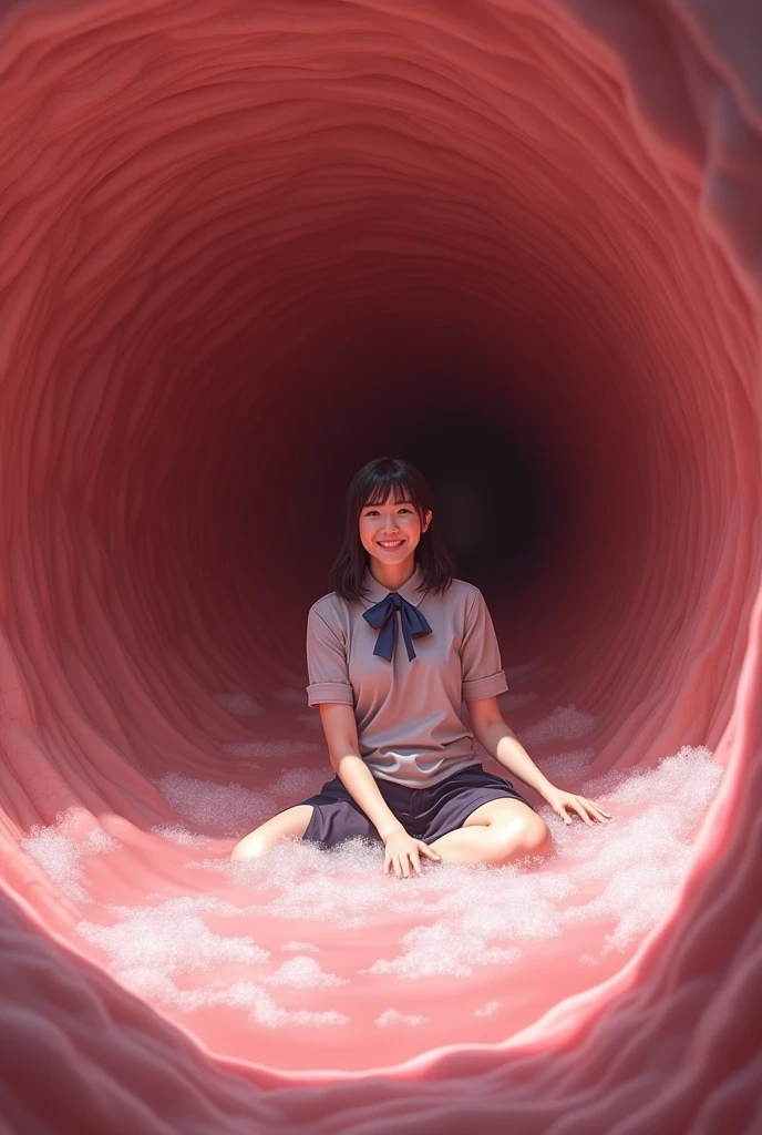 The view of the huge stomach from inside is like a gastroscopy:: A Japanese woman is inside, She sat playing for a while in the deep pink foamy water up to her waist.。,She is in uniform, She smiles