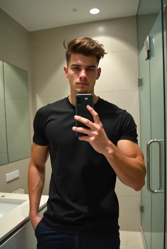 Make a fit ager posing to take a photo in the bathroom mirror with his cell phone but his full body is not shown and the cell phone covers his face and he is dressed in a black shirt.