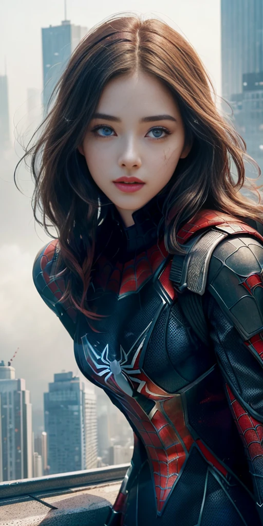 (1girl:1.3), Solo, (((Very detailed face)))), ((Very detailed eyes and face)))), Beautiful detail eyes, Body parts__, Official art, Unified 8k wallpaper, Super detailed, beautiful and beautiful, beautiful, masterpiece, best quality, original, masterpiece, super fine photo, best quality, super high resolution, realistic realism, sunlight, full body portrait, amazing beauty, dynamic pose, delicate face, vibrant eyes, (from the front), She wears Spider-Man suit, red and black color scheme, spider, very detailed city roof background, rooftop, overlooking the city, detailed face, detailed complex busy background, messy, gorgeous, milky white, highly detailed skin, realistic skin details, visible pores, clear focus, volumetric fog, 8k uhd, DSLR, high quality, film grain, fair skin, photo realism, lomography, futuristic dystopian megalopolis, translucent