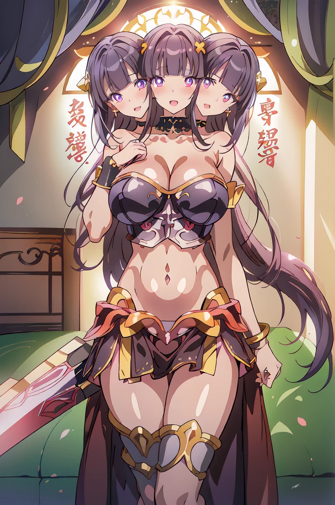 1girl, olnarberal, (3heads:1.5), open belly, very huge breasts, (very, beautiful eyes:1.5), (very detailed eyes:1.5), long hair, blush, lipstick, jewelry, earrings, masterpiece, best quality, highly detailed, fantasy , a anime girls in armored dress holding a sword
posing for a picture, evil smile, smile, open mouth, breastplate with open cleavage, cleavage, warrior
outfit, ecchi anime style, anime girls, ecchi style, (nsfw) not safe for work, ecchi, digital anime art!!, in
anime style, official artwork, visual novel cg, beautiful anime girl, anime style 4 k , loincloth, exposed
belly, exposed navel, exposed midriff, exposed lower belly, pencil skirt armored, castle,inside castle