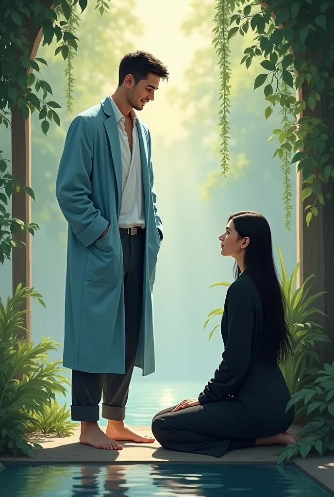 
Realistic scene of a single 3 beardless white Caucasian man with short black hair, barefoot western, standing, wearing a light blue suit, pants and a doctor or monk style jacket Spiritual, with a relaxed attitude and a slight smile. In a spiritual environment, interacting with a white western woman with long black hair, what is medium, wearing black clothes. The man is next to the woman and the woman is sitting.

