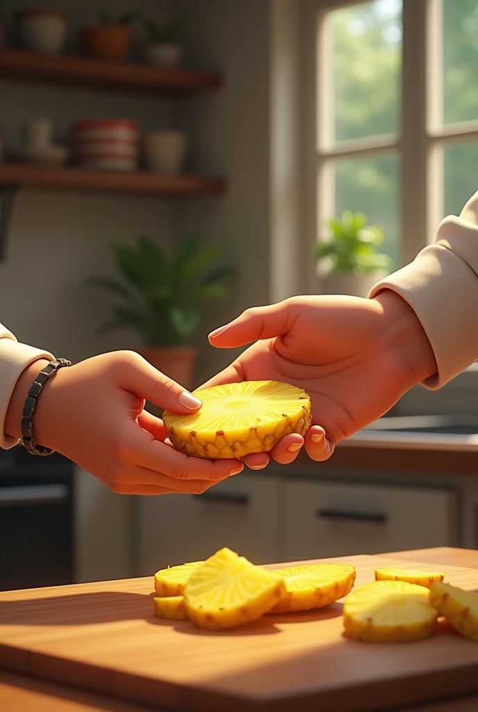 Cassio hands over the peeled and chopped pineapple to Marcos