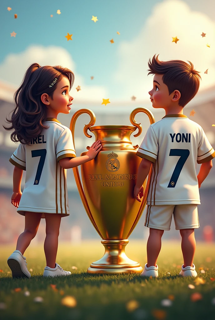 An image with the Real Madrid shirt with the Champions Cup with the number 7 on the back, girl and boy called Irel and Yoni
