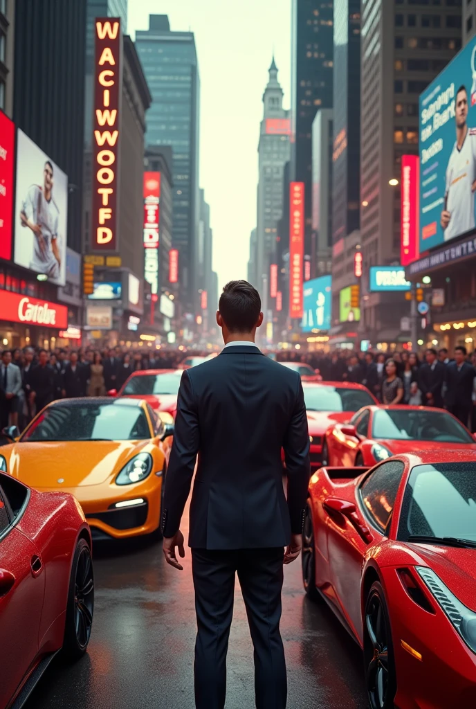 Cristiano Ronaldo on the streets of New York , ,with a procession of luxury cars and people the film