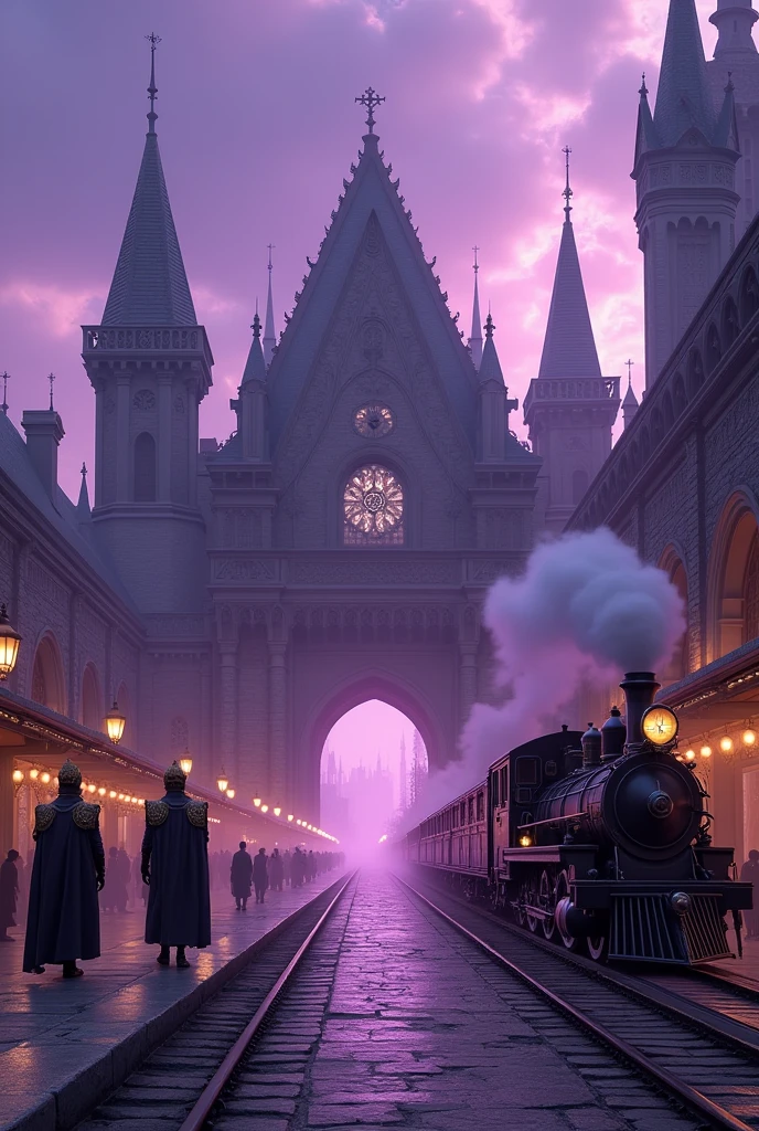Purple medieval train station