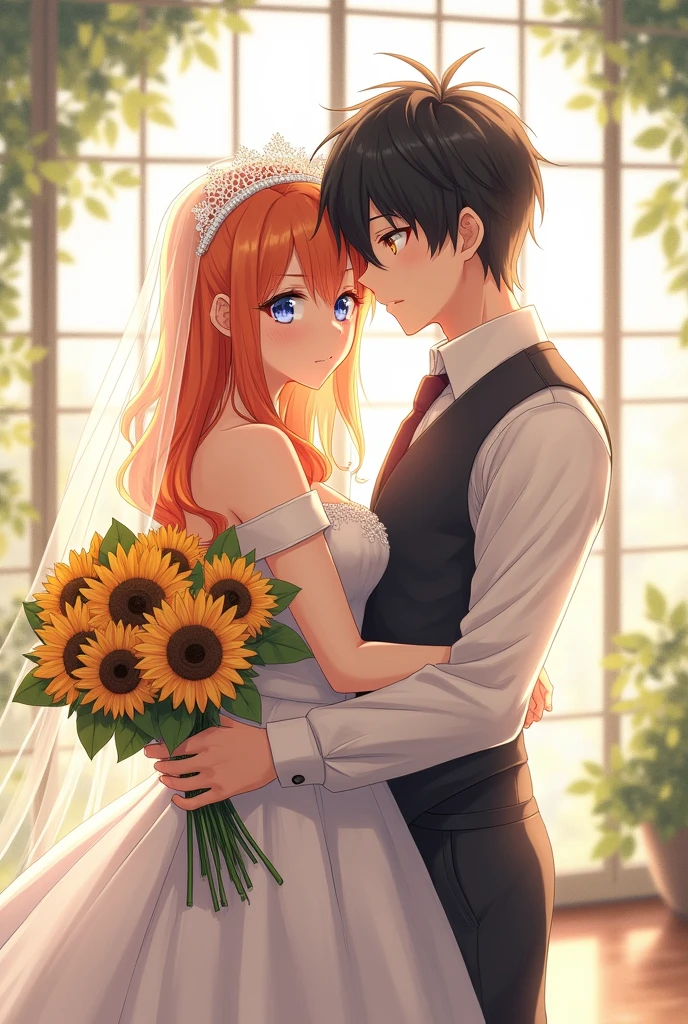 The girl with long orange hair and blue eyes wore a luxurious white off-the-shoulder wedding dress, held a wedding bouquet made from a bouquet of sunflowers, and wore a lace fabric on her head. She was standing next to a guy with slightly messy black hair, yellow eyes, cold face, wearing a vest and holding the girl's waist. The surrounding landscape is a room with lots of light and glass windows. anime character