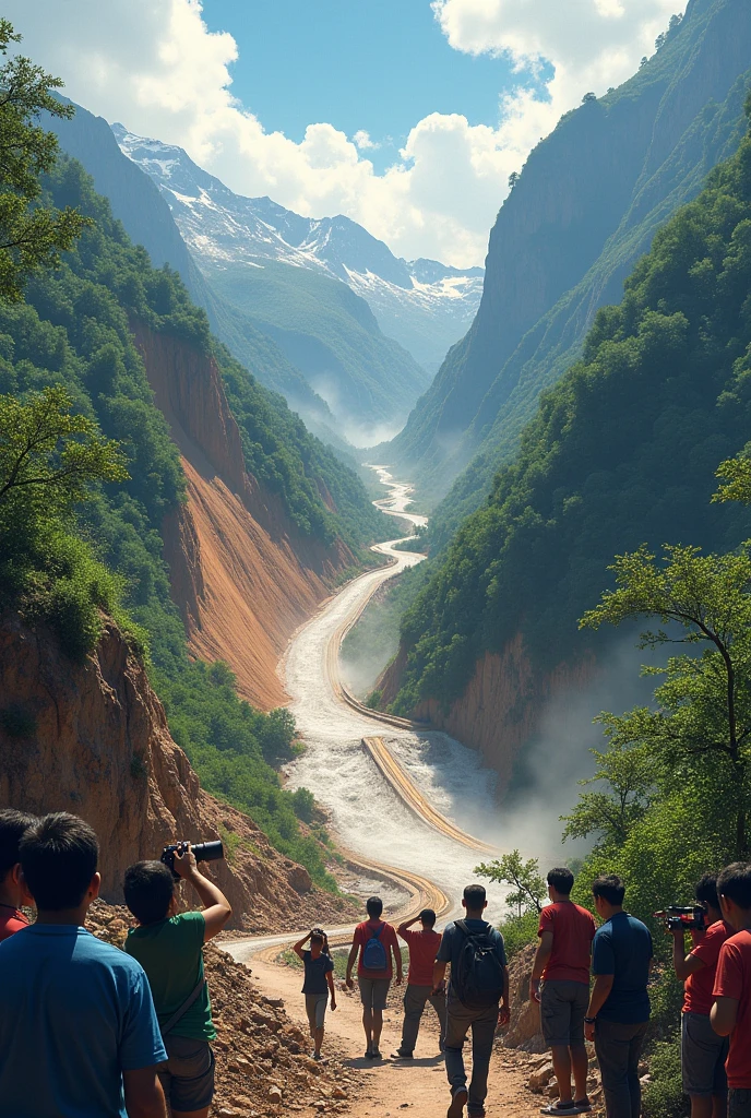 Landslide happened at the road and people are shock and taking photo about the incident,digital art