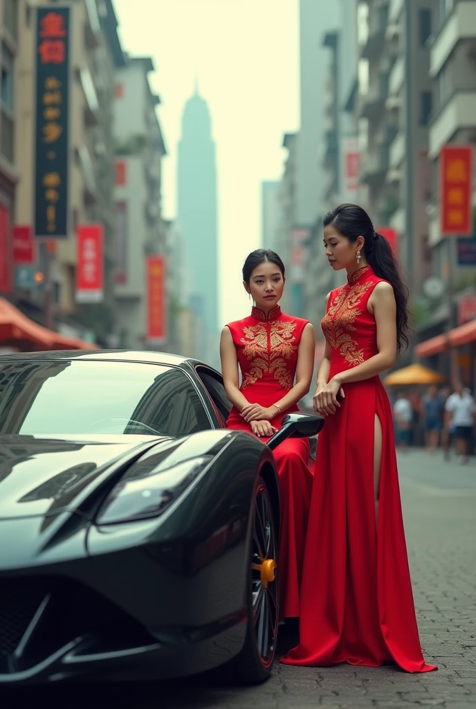 Vietnam people with traditional ao dai drive super car