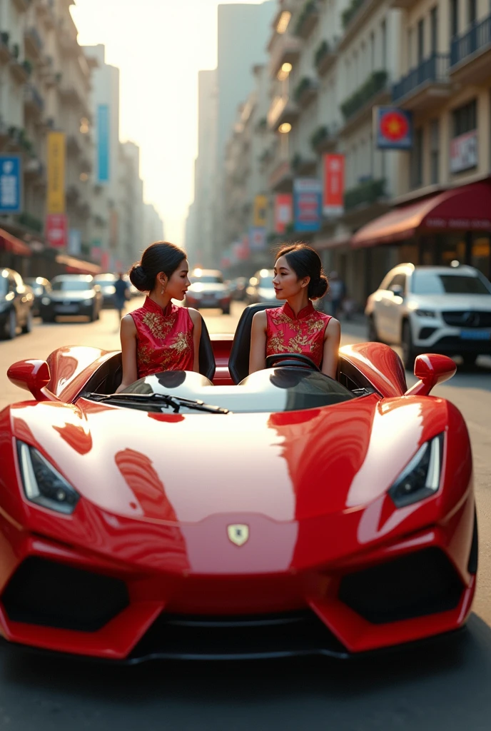 Vietnam people with traditional ao dai drive super car