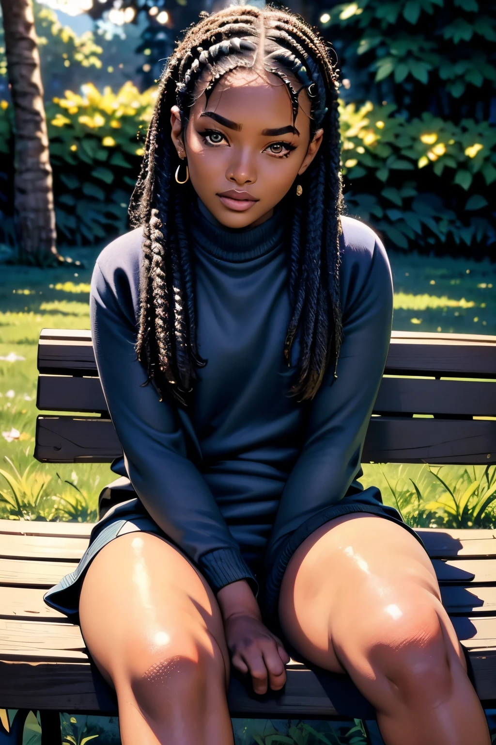 a young black boy wearing a cozy sweater and shorts, beautiful detailed eyes, beautiful detailed lips, extremely detailed eyes and face, long eyelashes, sitting on a bench in a park on a sunny day, (best quality,4k,8k,highres,masterpiece:1.2),ultra-detailed,(realistic,photorealistic,photo-realistic:1.37),HDR,UHD,studio lighting,ultra-fine painting,sharp focus,physically-based rendering,extreme detail description,professional,vivid colors,bokeh,warm lighting,cinematic composition,beautiful natural scenery