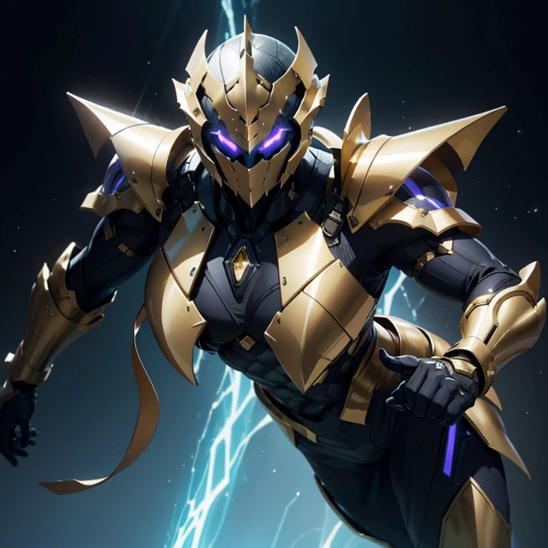 Show the entire body of the male knight. The image presents a highly detailed and futuristic armor designed for a male warrior. The armor combines elements from different parts to create a cohesive and powerful look.

Helmet: The helmet features a sleek, aerodynamic design with a golden metallic finish. It has a central crest that rises upwards, and the visor glows with a bright blue light, giving it a high-tech, futuristic appearance.

Pauldrons (Shoulder Pads): The shoulder pads are large and wing-like, curving outward and upward, with a polished golden finish. These pads extend slightly beyond the shoulders and include a sleek, angular design, providing both a majestic and powerful look.

Chest Plate: The chest plate is intricately segmented, with a combination of gold and dark metallic blue. It has a gem-like crystal in the center that emits a soft, mystical glow. The design of the chest plate is both protective and regal, with sharp, angular lines that add to the overall futuristic aesthetic.

Arm Guards: The arm guards are sleek and streamlined, with articulated golden and purple segments that offer flexibility and protection. The design of the gauntlets is both robust and elegant, incorporating futuristic elements that blend with the classic style.

Leg Armor: The legs are armored with segmented plates that are primarily gold and purple. The boots are angular and sturdy, with a design that conveys both strength and agility. The overall look of the leg armor is grounded yet sleek, completing the ensemble with a powerful stance.

The background of the image is a dark cosmic scene, filled with distant stars and nebulae that highlight the polished surfaces of the armor. Dynamic lighting is used to emphasize the key features, particularly the glowing visor and central chest gem, reinforcing the mystical and imposing nature of the warrior. Show armor helmet.