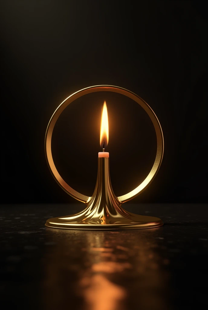 Presentation for a black and gold business card on aromatic candles of a modern golden letter L and embracing a lit candle in the shape of an L that melts with a visible flame in the center of a golden circle in gold color all around iperealistic cyberpuk