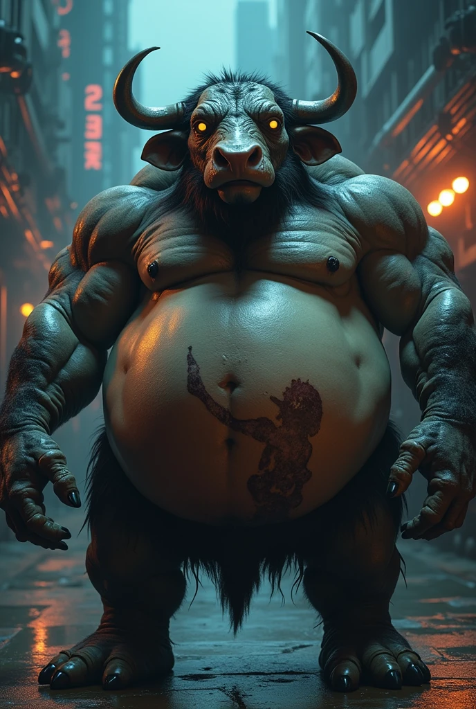 A bull man with full belly, muscular, vore, print on belly, very large penis, illustration, (best quality, 4K, high resolution, artwork:1.2), Ultra-detailed, realistic, Horror, sharp focus, vivid colors , night lighting, burping an object, motion lines, futuristic armor