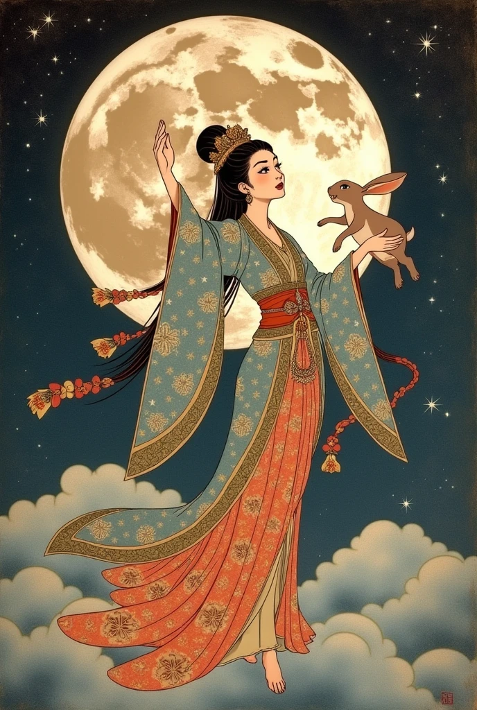 ((best quality)), Moon goddess Chang&#39;e with her rabbit and a moon behind her and in ancient Japanese style and levitating as if she wanted to reach the moon, One of her hands is raised towards the moon and the other is holding her rabbit., It has to look old 