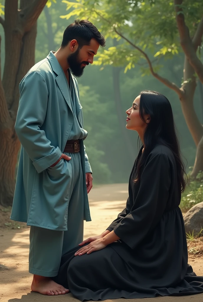 Realistic close up scene of single 3 beardless white Caucasian man with short black hair, barefoot western, standing, wearing a light blue suit, pants and a doctor or monk style jacket Spiritual, with a relaxed attitude and a slight smile. In a spiritual environment, interacting with a white western woman with long black hair, what is medium, wearing black clothes. The man is next to the woman and the woman is sitting.