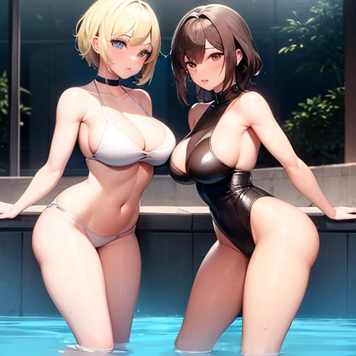 Two super sexy girls with super tight thong in the pool with short blonde hair and sexy body and doing sexy wet poses all over their parts 