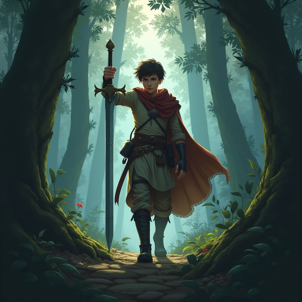 "THE YOUNG Kael, holding a shining sword, begins his journey through the dense and scary forest, with a look of courage and determination."