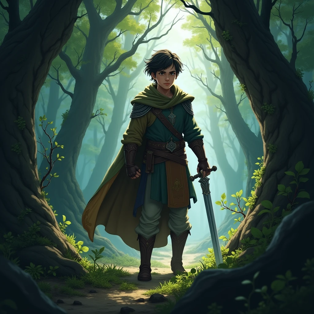 "THE YOUNG Kael, holding a shining sword, begins his journey through the dense and scary forest, with a look of courage and determination."
