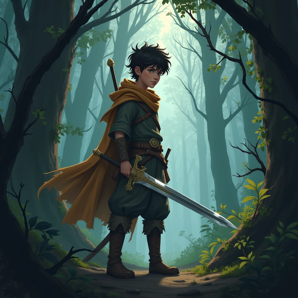 "THE YOUNG Kael, holding a shining sword, begins his journey through the dense and scary forest, with a look of courage and determination."