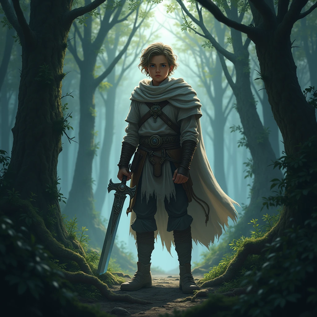 "THE YOUNG Kael, holding a shining sword, begins his journey through the dense and scary forest, with a look of courage and determination."