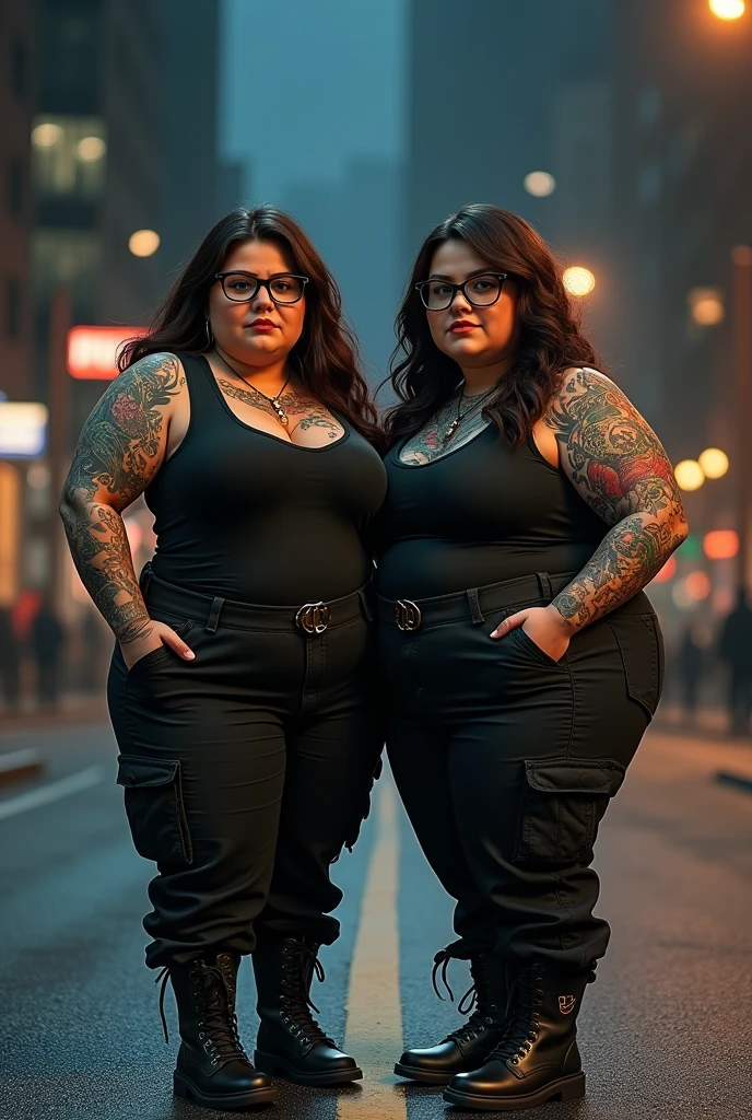 (photorealism:1.2), Short 4’11, chubby, 2 woman with black glasses, long brown hair, covered in tattoos, wearing black cargo pants, a black tank top and combat boots, on a city street at night, realistic style