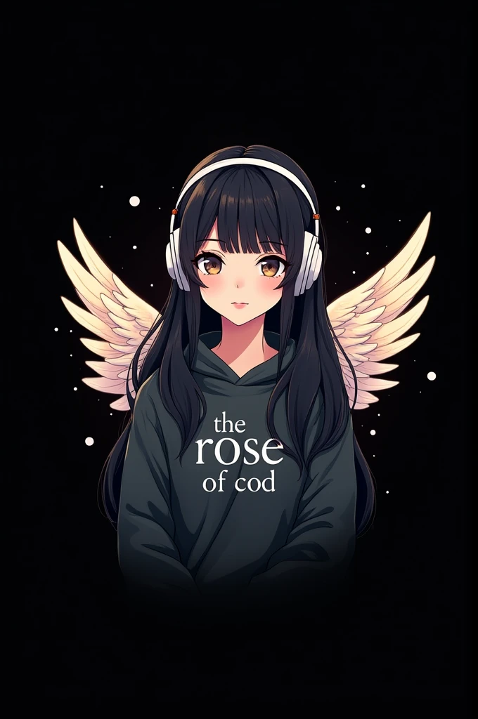 Can you create a logo for me where there is a girl with long black hair wearing a sweatshirt that has angel wings and headphones and below it has the words " THE ROSE OF COD" with black background
