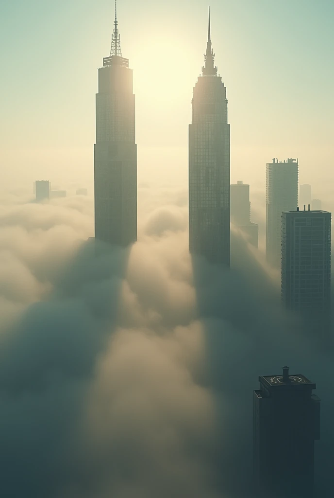 RAW photo, best quality, cinematic film still, From a fog engulfing a city, glistening skyscrapers reach towards the sun. They rise above the fog, reflecting the morning sun, (masterpiece, best quality, Professional, perfect composition, very aesthetic, absurdres, ultra-detailed, intricate details:1.3)