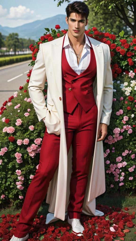 (absurdres, highres, ultra detailed, HD), 1 male, solo, ((handsome man, male model modern clothing, Full length portrait: 1.5)), beautiful, handsome, tall muscular guy, mature, perfect eyes, sexy gaze, (looking at the viewers romantically), perfect body, smooth skin, wide chest, largest breast, extremely large pectorals, big nipples, breathtaking grandeur, verious red and pink roses around him, jewellery, the man is standing comfortably in the roses, from directly above, gorgeous, wet, model pose, colorful, artistic, depth of field, focus on his calm facial features, elegant look, sexy posture,