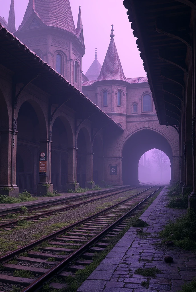 Abandoned purple medieval train station
