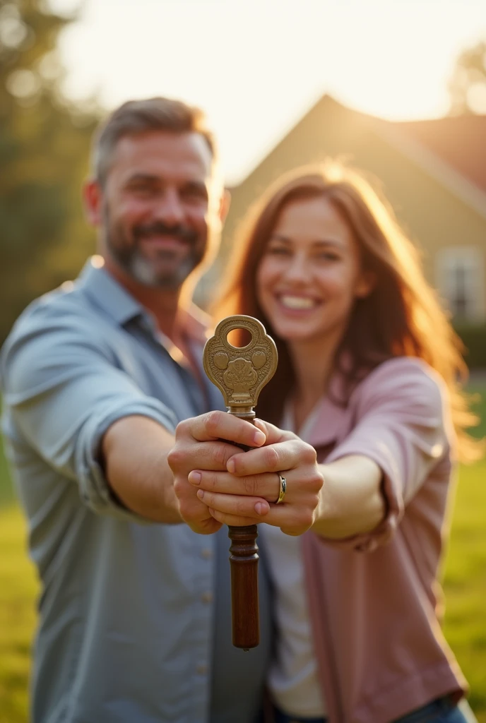 A happy couple holding a key to their new house in one hand and a gavel in the other hand