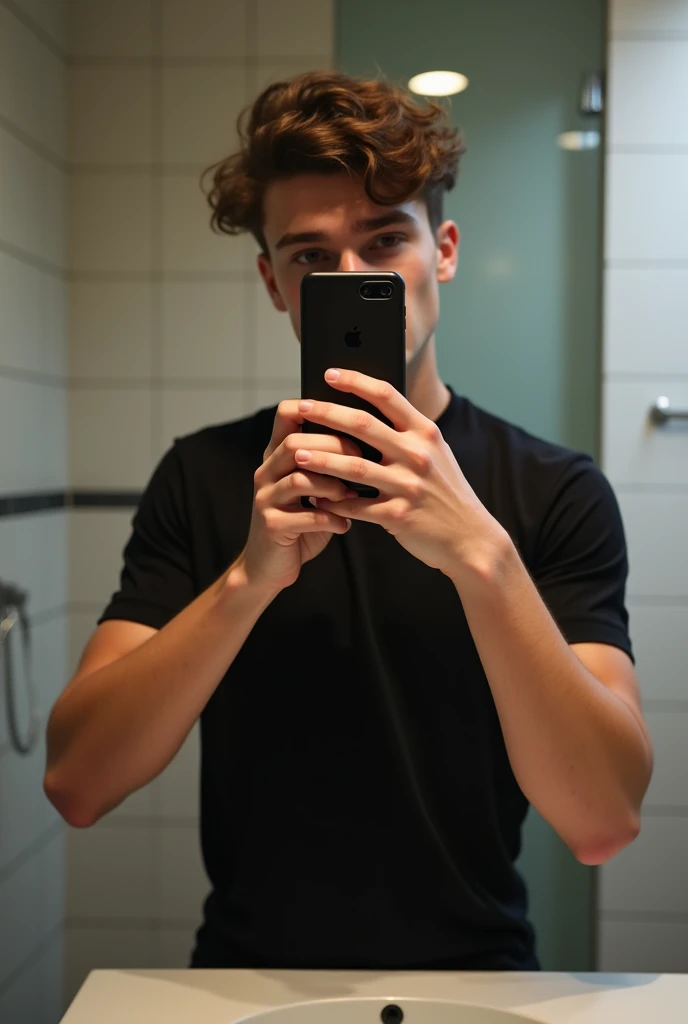 Make a fit teenager posing to take a photo in the bathroom mirror with his cell phone but his full body is not shown and the cell phone covers his face and he is dressed in a black shirt and has brown hair.