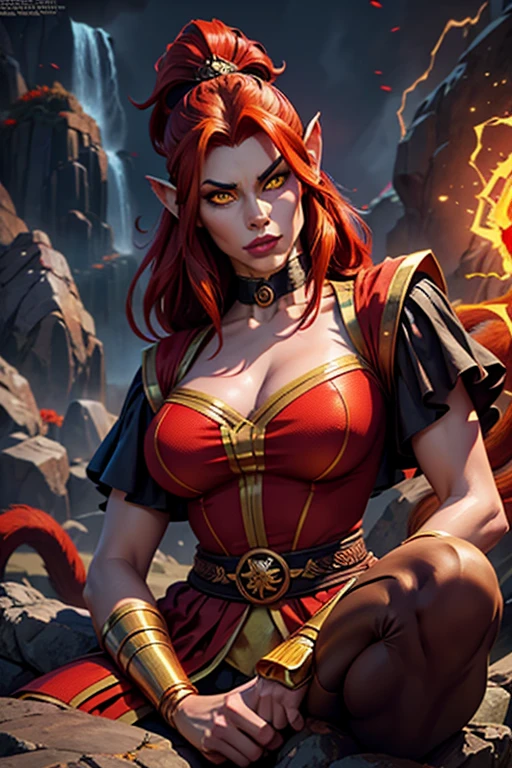 a beautiful female demon monkey with red hair, yellow eyes, large bust, monkey tail and ears, arrogant and imposing demonic female monkey, wearing traditional clothes of the Monkey King, sitting on a large rock on Mount Huago, gorgeous female demon monkey looking at the viewer, highly detailed, hyper realistic, 8k, photorealistic, masterpiece, dramatic lighting, cinematic composition, vibrant colors, fantasy art, concept art, digital painting