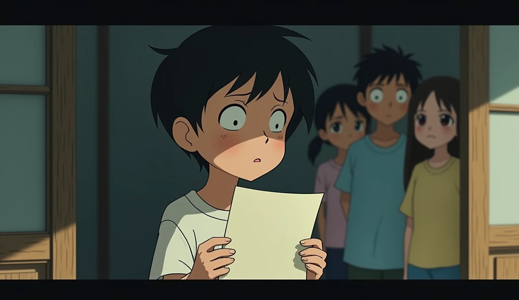 Create a melancholic scene in the Studio Ghibli style. Imagine the middle sibling holding a loan document, away from the rest of the family. The atmosphere should convey a sense of quiet determination and isolation, with the brother staring at the paper while the environment around him seems heavy with financial burdens. The parents stand in the background, appearing indifferent or concerned, while the lighting is soft, with soft shadows highlighting the emotional weight of the situation.studio ghibli art style.studio ghibli art style.studio ghibli art style.studio ghibli art style