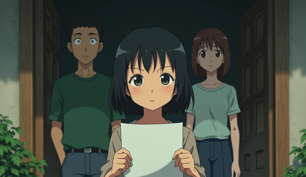 Create a melancholic scene in the Studio Ghibli style. Imagine the middle sibling holding a loan document, away from the rest of the family. The atmosphere should convey a sense of quiet determination and isolation, with the brother staring at the paper while the environment around him seems heavy with financial burdens. The parents stand in the background, appearing indifferent or concerned, while the lighting is soft, with soft shadows highlighting the emotional weight of the situation.studio ghibli art style.studio ghibli art style.studio ghibli art style.studio ghibli art style