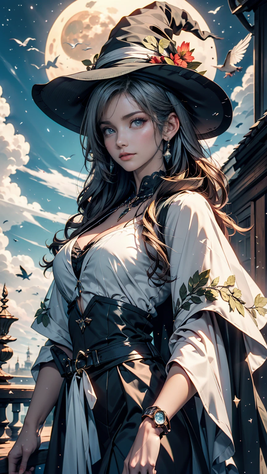 Highest quality, Very detailed, masterpiece, Very detailed, cloud, witch_Have, Have, One person, null, green_null,Day, length_hair, cloudy_null, moon,bird, alone, Silver_hair, witch, Outdoor 