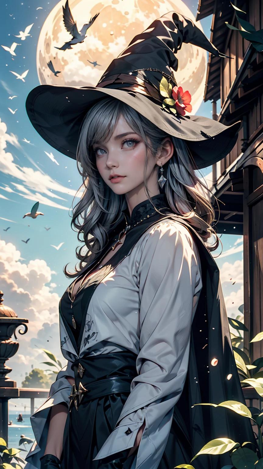 Highest quality, Very detailed, masterpiece, Very detailed, cloud, witch_Have, Have, One person, null, green_null,Day, length_hair, cloudy_null, moon,bird, alone, Silver_hair, witch, Outdoor 