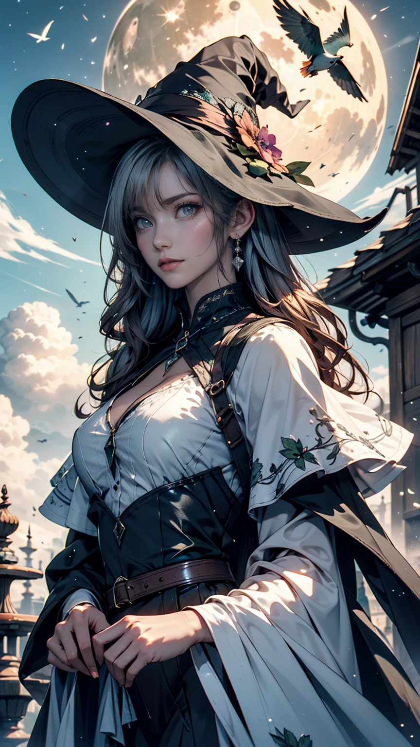 Highest quality, Very detailed, masterpiece, Very detailed, cloud, witch_Have, Have, One person, null, green_null,Day, length_hair, cloudy_null, moon,bird, alone, Silver_hair, witch, Outdoor