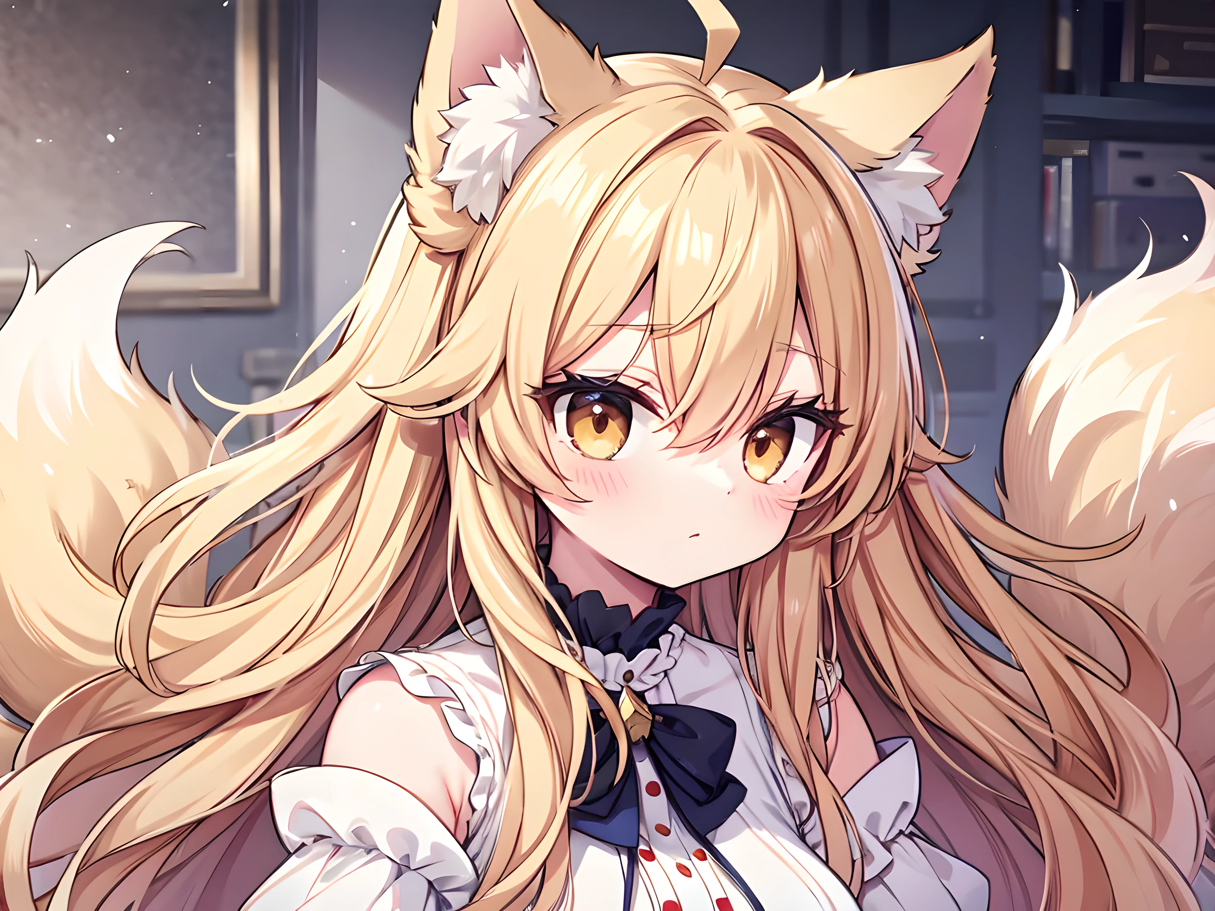 flipped hair,messy hair,absurdly long hair,(fluffy, puffy,big hair,too much hair:1.3),wavy hair,wariza,white dress,hair over one eye,from above,
fox ears,fox tail,multiple tails,blonde hair,blonde tail,brown eyes,1girl,,ahoge,BREAK,red eyeshadow,BREAK
masterpiece, best quality,absurdres